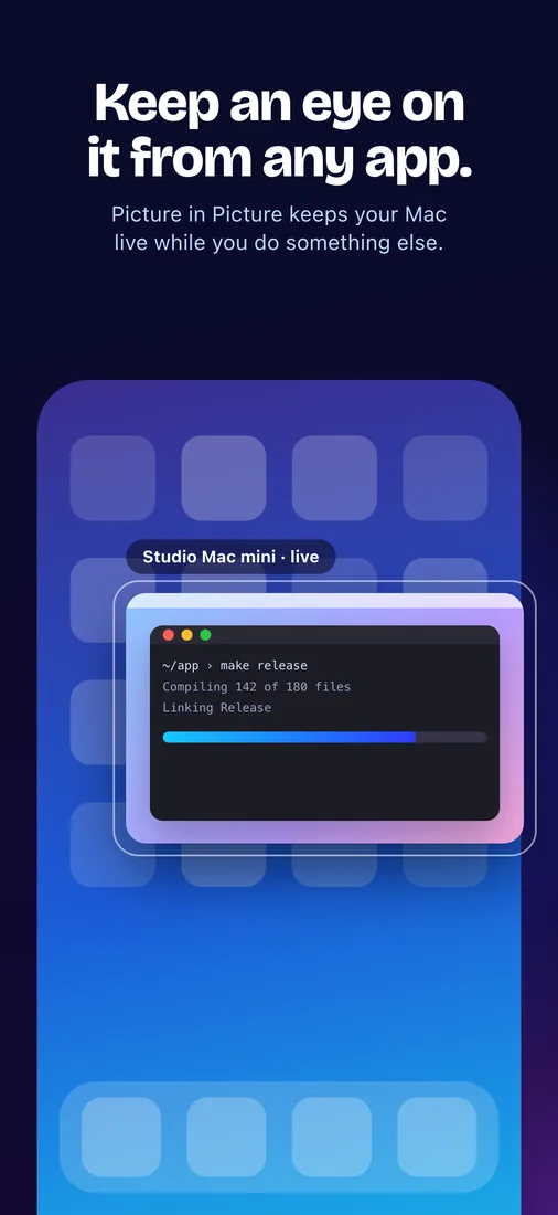 Keep an eye on it from any app. Picture in Picture keeps your Mac live while you do something else.